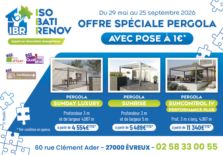 offre spéciale pergolas avec pose à 1 euros sur Evreux jusqu'au 25/09/2026